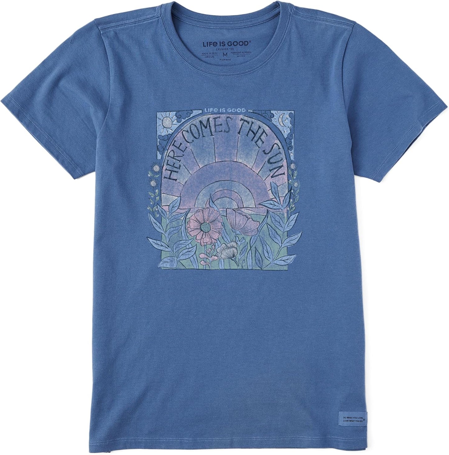 Women's Crusher-Lite Tee Shirt, Short Sleeve Cotton Graphic T-Shirts, Here Comes The Sun Hippie