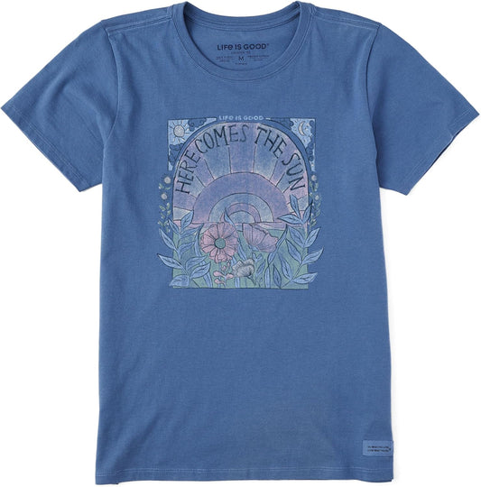 Women's Crusher-Lite Tee Shirt, Short Sleeve Cotton Graphic T-Shirts, Here Comes The Sun Hippie