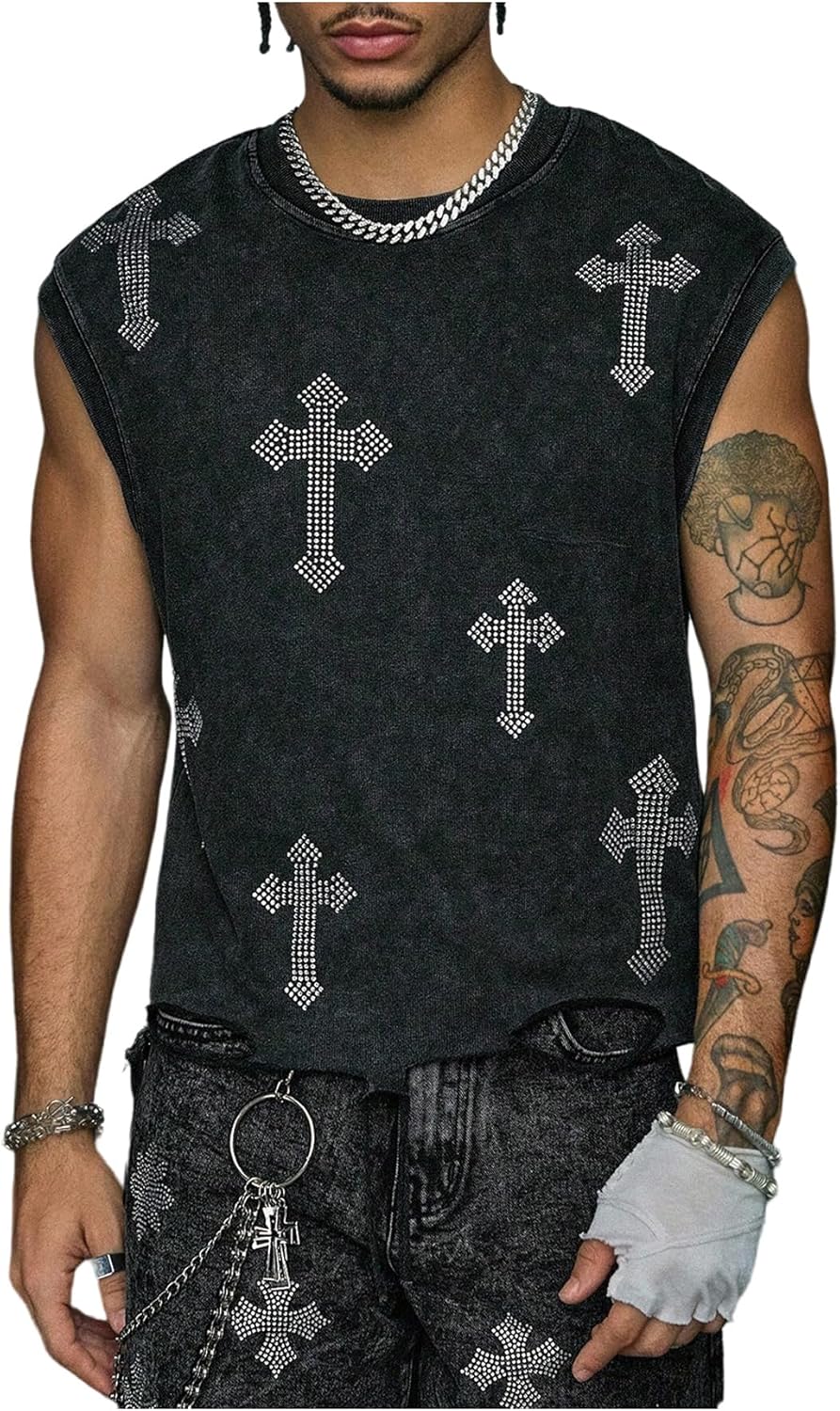 Men's Gothic Cross Rhinestone Tank Top Sleeveless Crew Neck Washed Casual Shirts