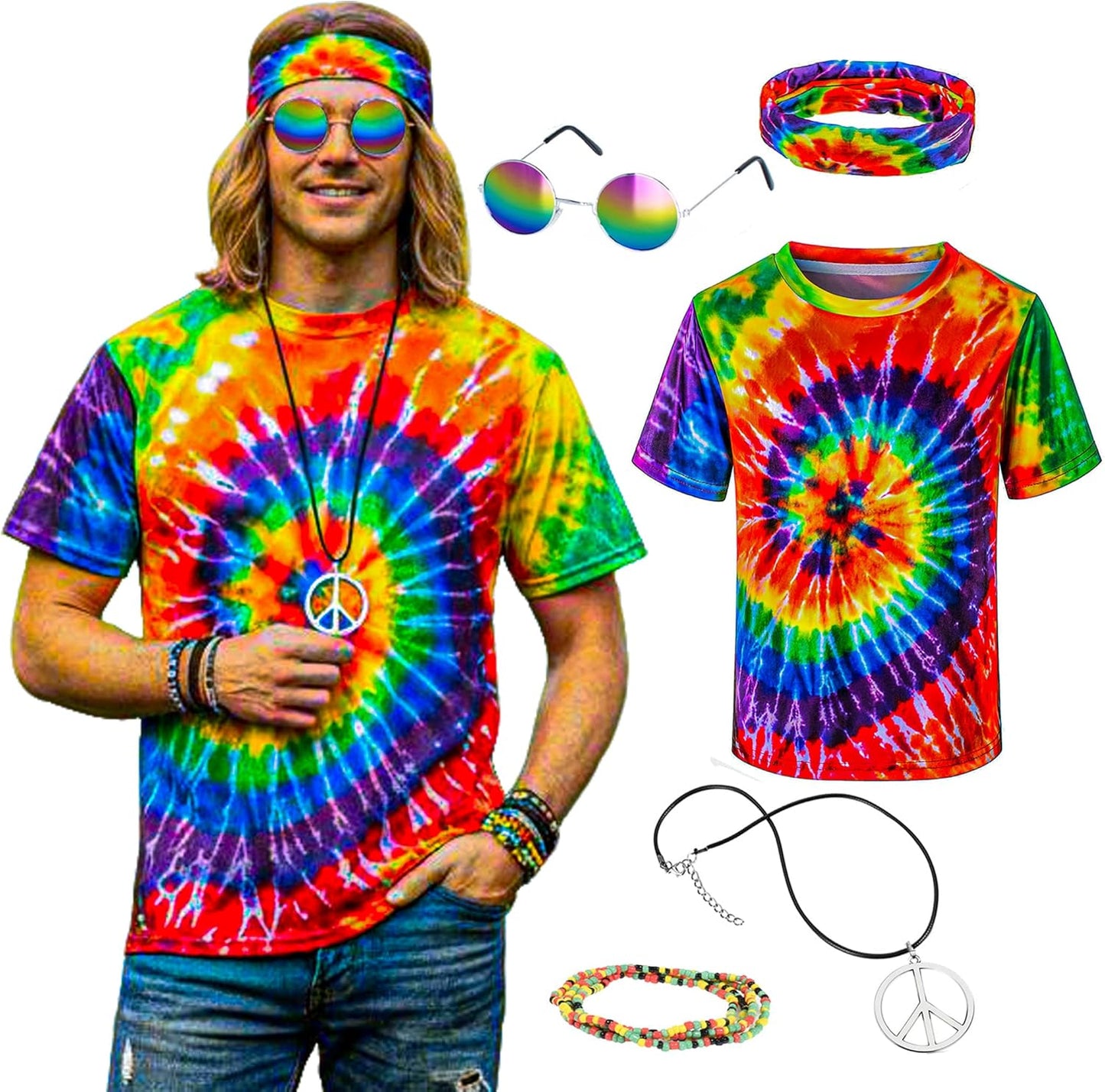 Hippie Costume for Men Momen 60s 70s Colorful T-Shirt 5 PCS Accessories Set for Theme Party