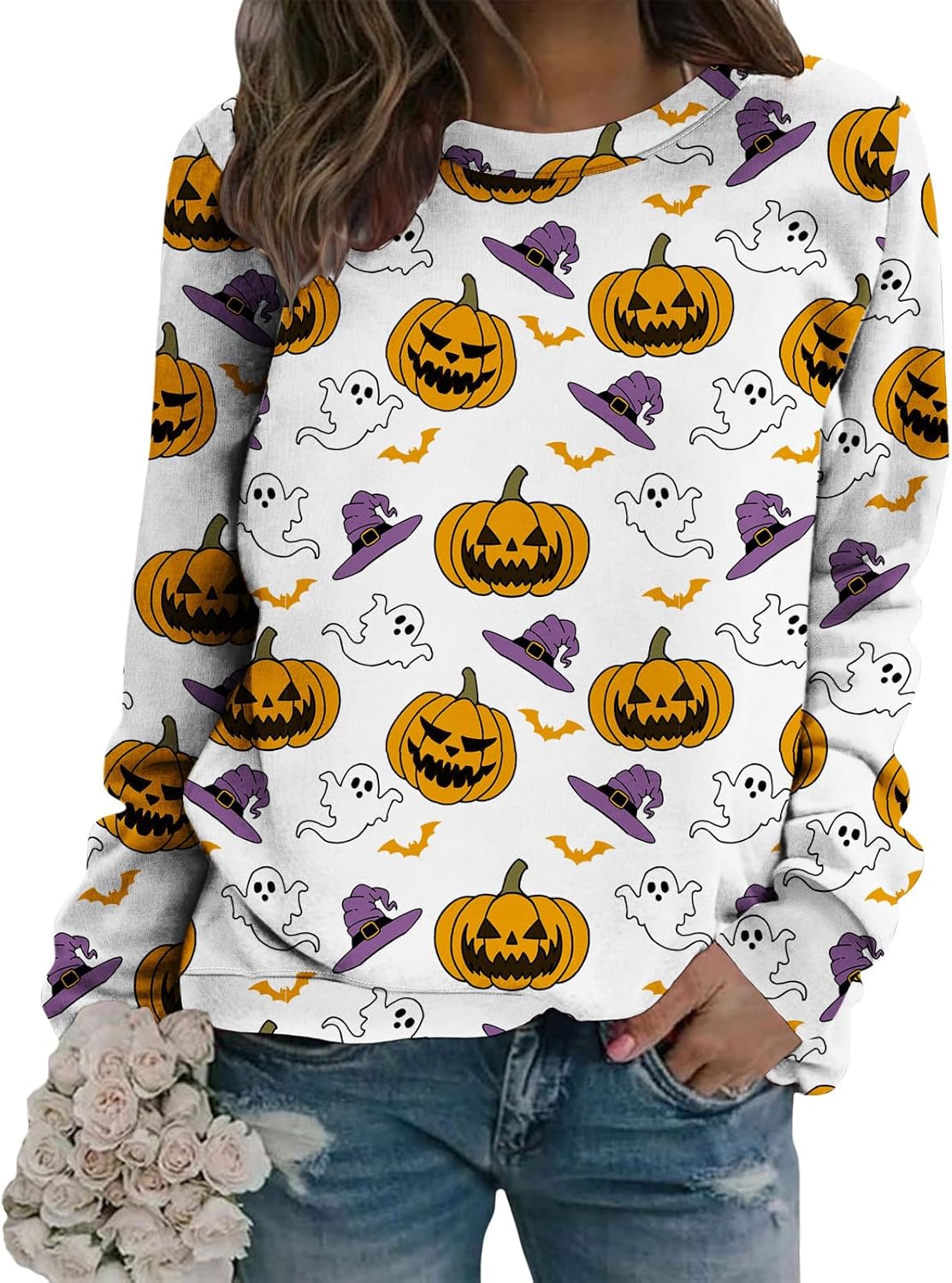 Womens Halloween Pumpkin Sweatshirt Long Sleeve Crewneck Pullover Fall Graphic Top Festive Casual Holiday Wear