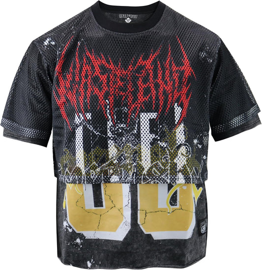 Mens Big Hole Layerd Mesh Jersey Shirt – Oversized Hip Hop Streetwear Typography Athletic Urban Fashion Tee