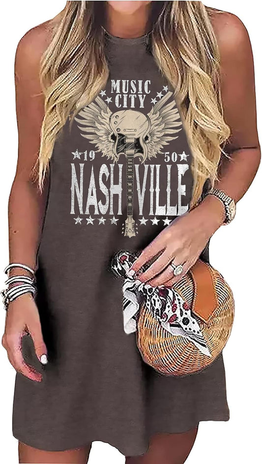 Nashville Music City Mini Dress Women Country Music Rock Band Sleeveless Dress Vintage Guitar Wings Graphic T Shirts Dress