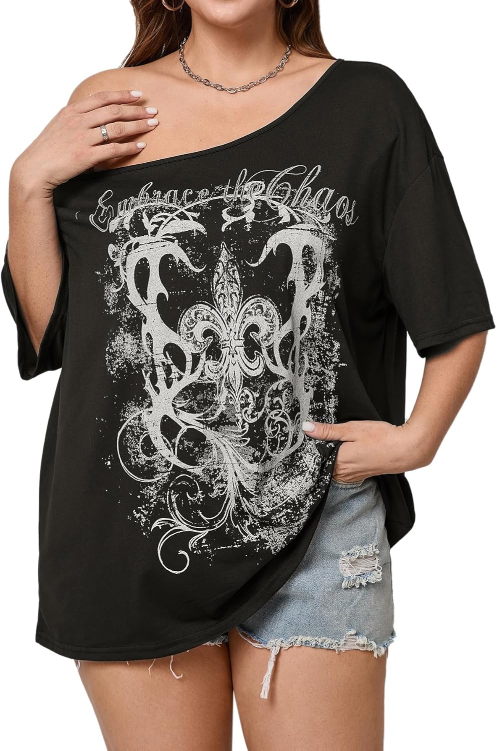 Women's Plus Size Off The Shoulder Tops Graphic Tees Y2K Clothes Casual Short Sleeve Oversized T Shirts