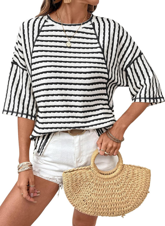 Womens Summer Tops Oversized Tshirts for Women Striped Color Block Short Sleeve T Shirts Crewneck Casual Tee Blouses