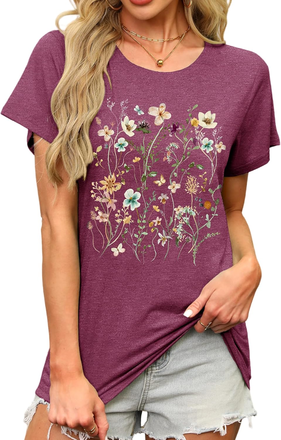 Women's Floral Graphic Tees Short Sleeve Casual T-Shirts Boho Style Cute Summer Loose Fit Tops
