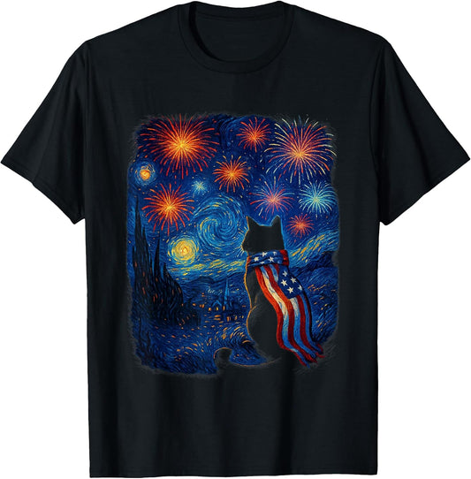 Cat Starry Night Van Gogh 4th of July Patriotic Cat Lover T-Shirt
