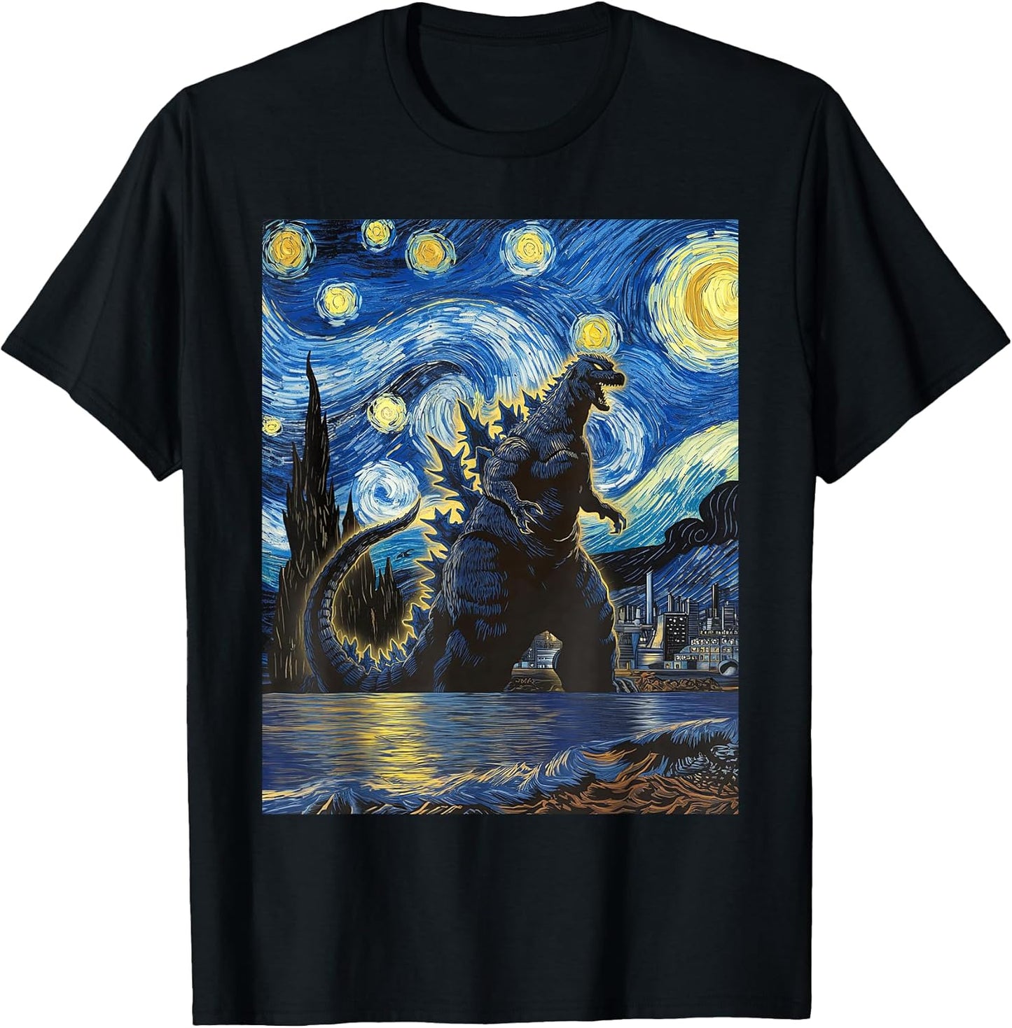 Vintage Japanese Monster Kaiju in Van Gogh Starry Night Art T-Shirt