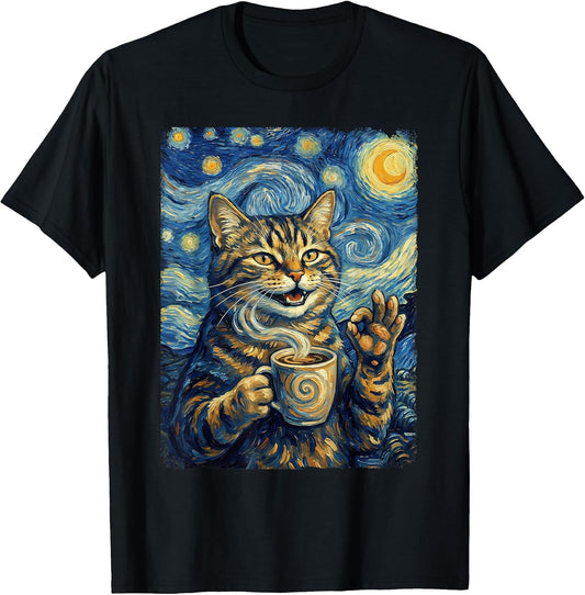 Funny Van Gogh Starry Night Cat Cat Dad Mom Pet Lovers T-Shirt