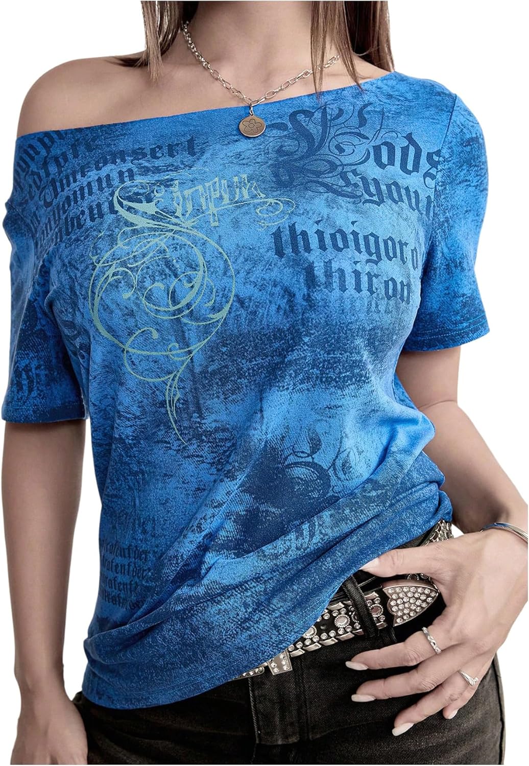 Women's Y2k Goth Graphic Tees Off The Shoulder Short Sleeve Vintage T Shirt Streetwear Summer Going Out Tops