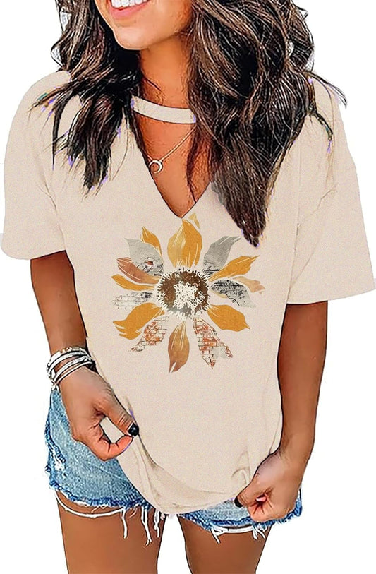 Tennessee Music Band Shirt for Women Vintage Graphics Tee Flower Print Hollow Out V Neck Short Sleeved Loose Casual Top