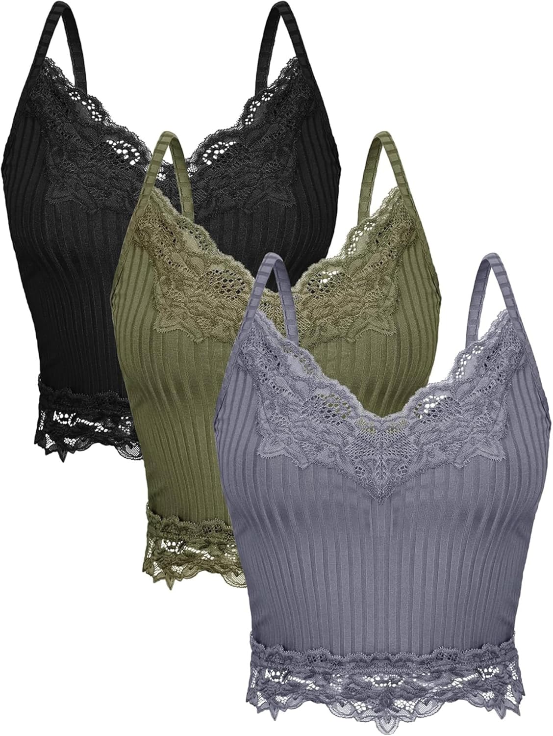 3 Pcs Women's Lace Tank Tops Y2k Camisole Lace Patchwork Crop Tops Grunge Style Ribbed Knitted Clothing