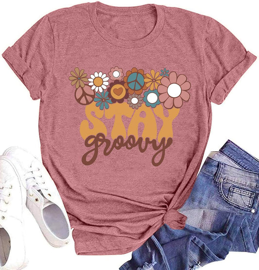 Stay Groovy Shirt for Womens Floral Graphic Retro Shirts Hippie 70s Tee Summer Tee Tops
