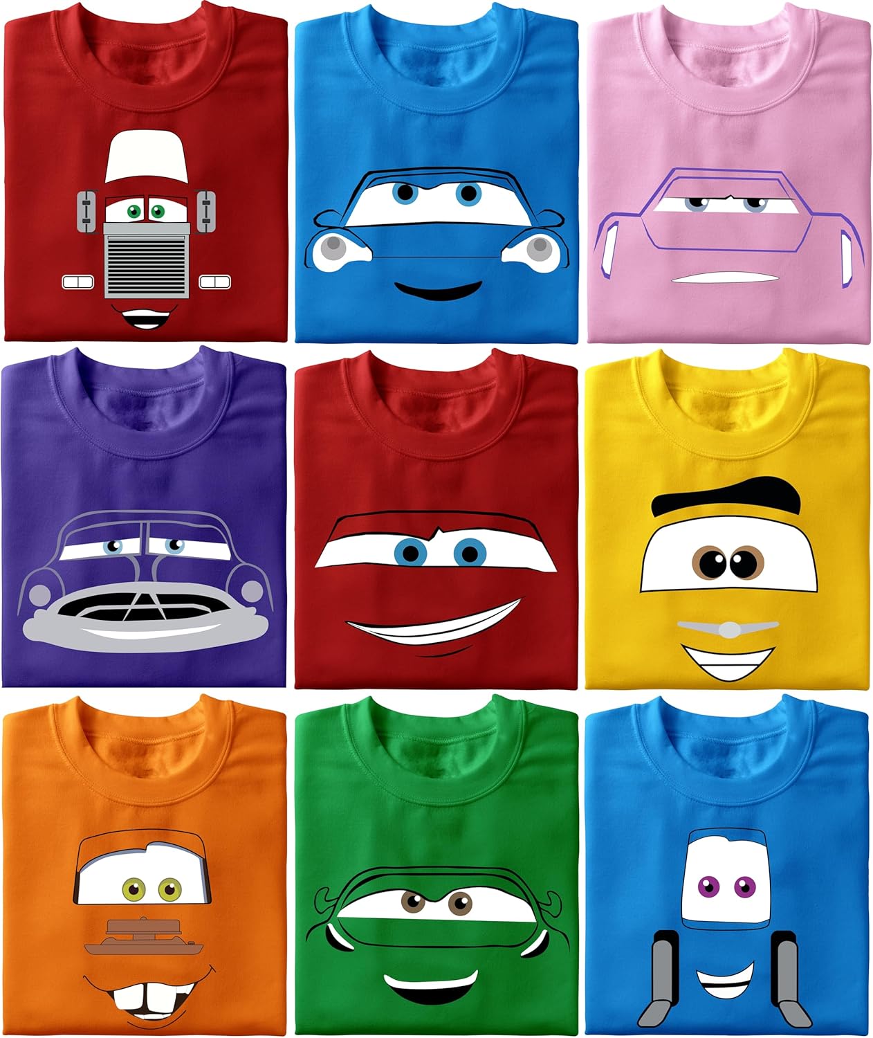 Personalized Car Faces Outline T-Shirt, Custom Family Matching Birthday Shirts, Kids Cartoon Car Party Outfit Racing Team Shirts, Adventure Vacation Matching Cousins Cars Shirt Multicolor
