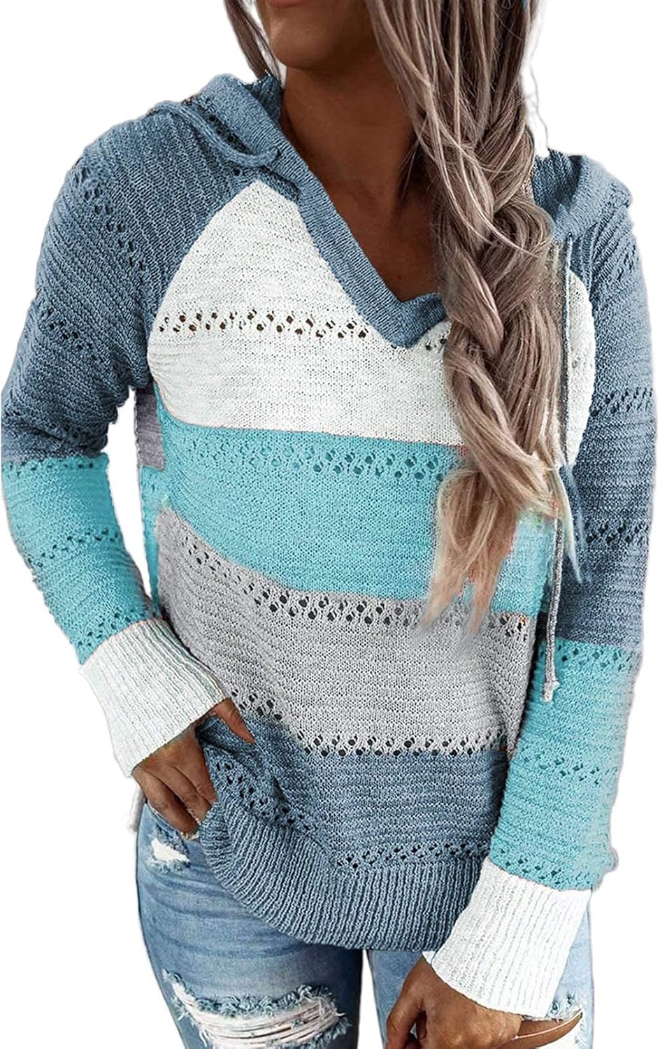 Women's 2026 Fall Striped Color Block Hoodies Fashion V Neck Knit Sweater Pullovers