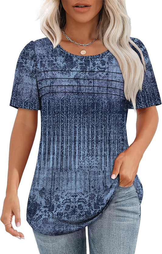 Womens T Shirts Short Sleeve Tops Dressy Casual Blouses Spring Summer Outfits Flowy Pleated Front Scooped Neck