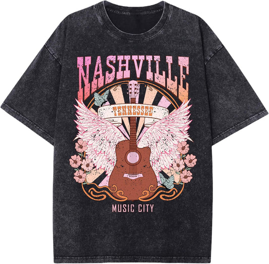 Women Oversized Acid Wash Vintage Western Cow Skull Graphic Tees Nashville Country Music Concert Short Sleeve Shirts