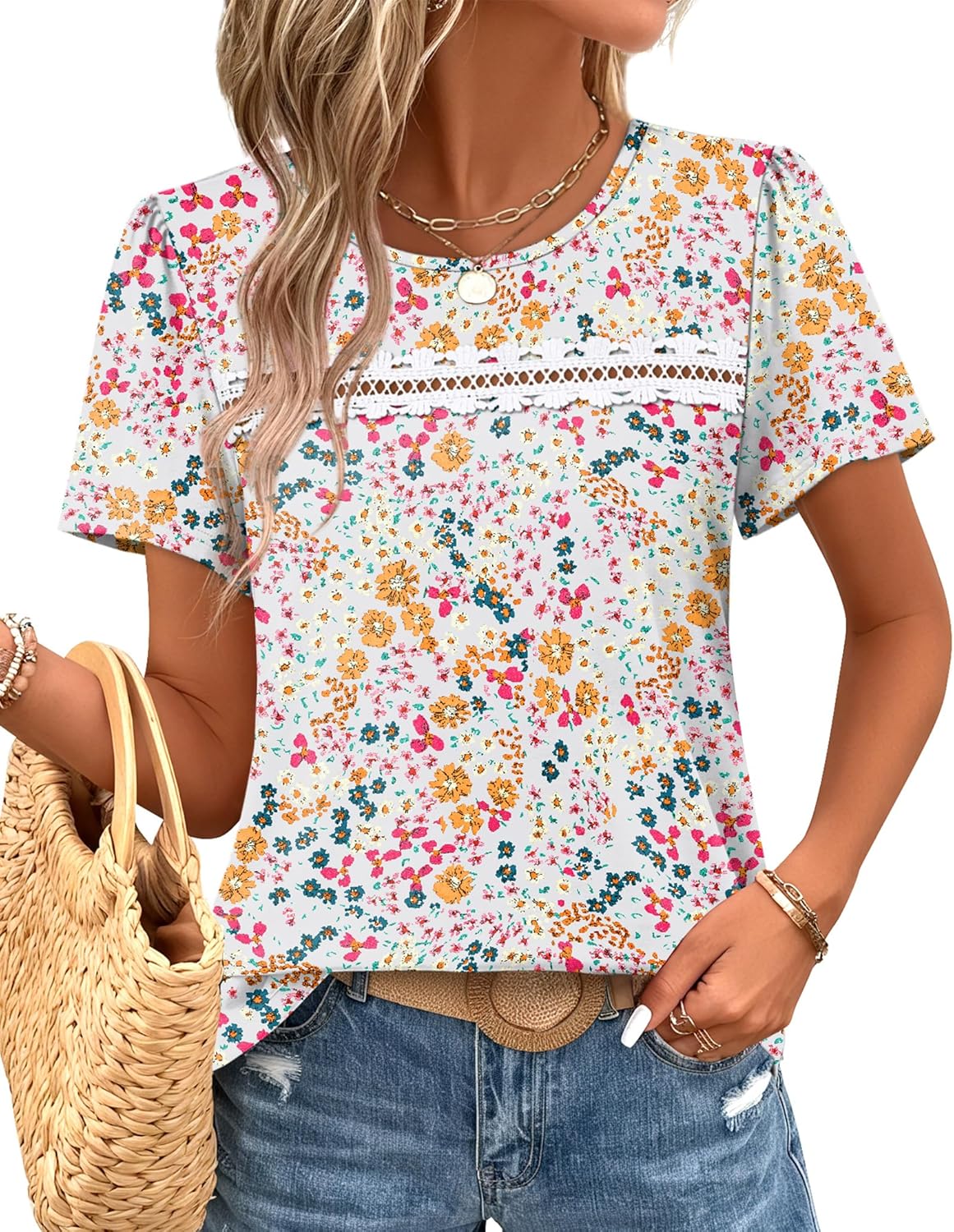 Womens Tops Boho Summer Outfits 2026 Short Sleeve Shirts with Lace Beach Vacation Clothes Casual S-3XL