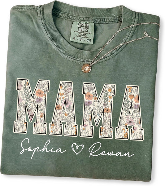 Personalized Floral Mama Grandma Shirt with Kids Name, Custom Gifts for Mom Grandma, Mother’s Day Shirt for Women