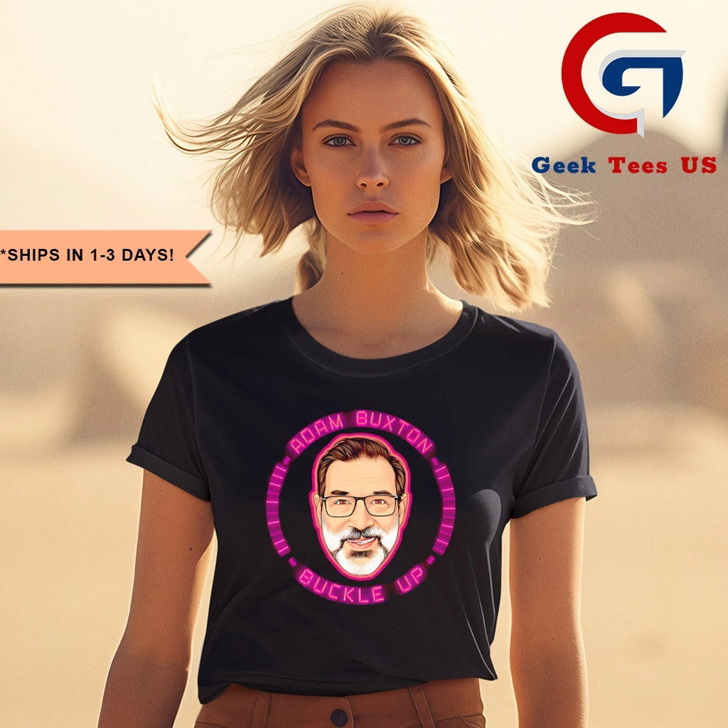 Adam Buxton buckle up big head shirt