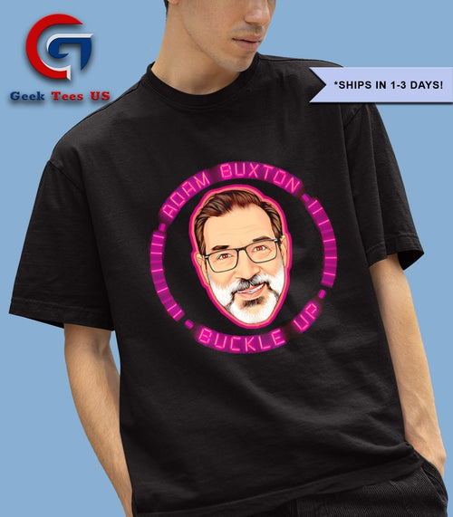 Adam Buxton buckle up big head shirt