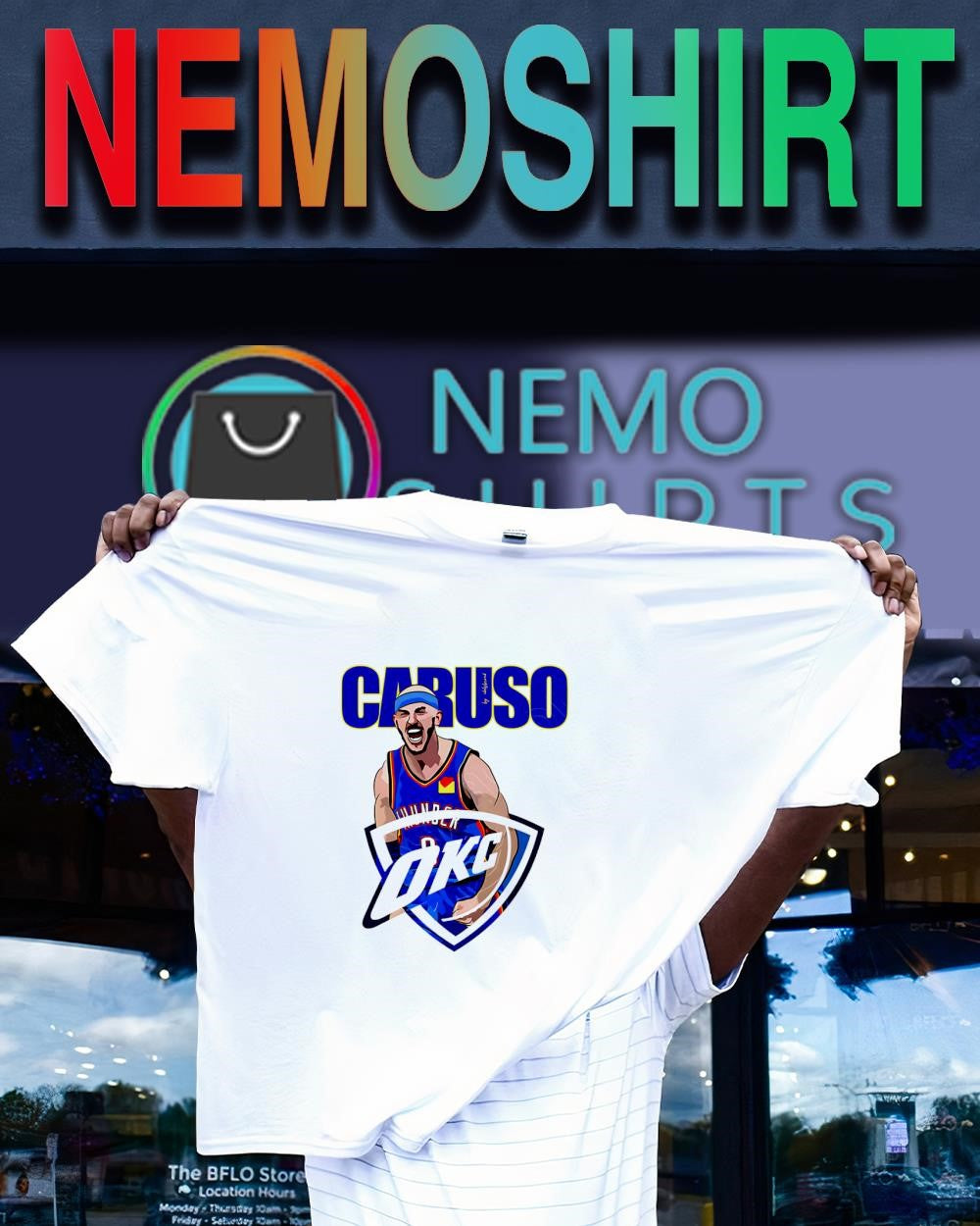 Alex Caruso in an Oklahoma City Thunder jersey superimposed logo shirt