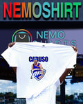 Alex Caruso in an Oklahoma City Thunder jersey superimposed logo shirt