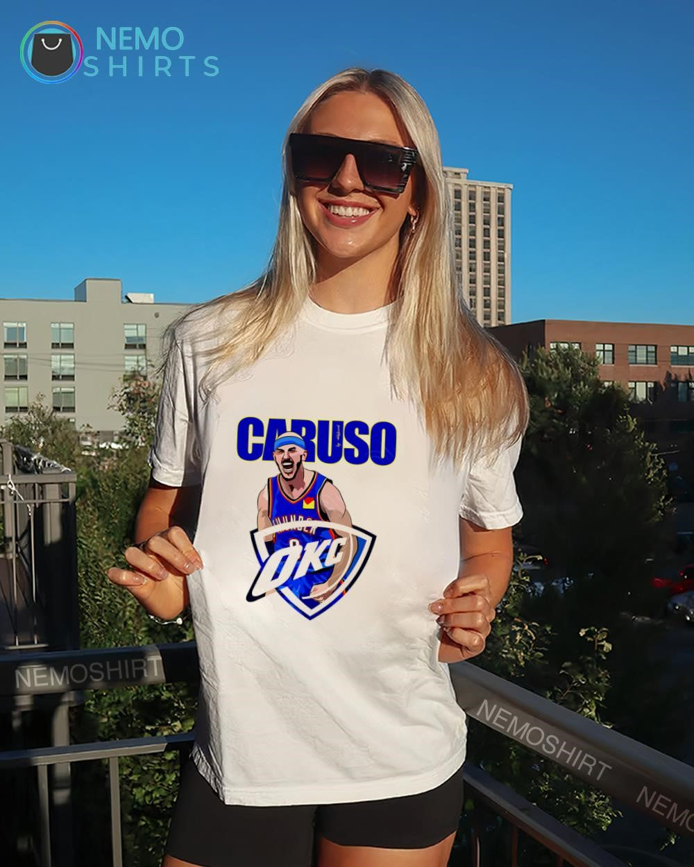 Alex Caruso in an Oklahoma City Thunder jersey superimposed logo shirt