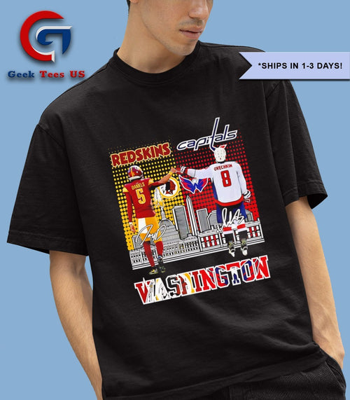 Alexander Ovechkin Washington Capitals fist bump Jayden Daniels Washington Commanders skyline city 2025 signature shirt