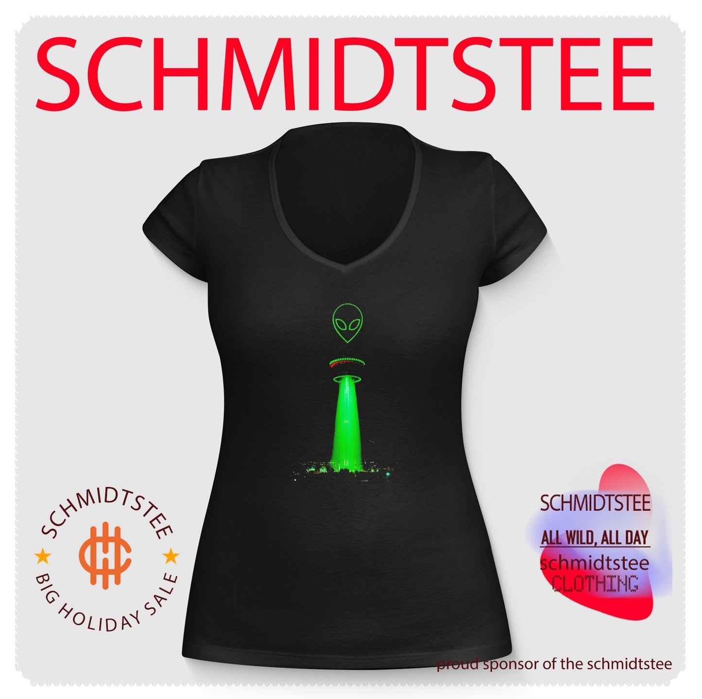 Alien UFO beaming down on city graphic shirt