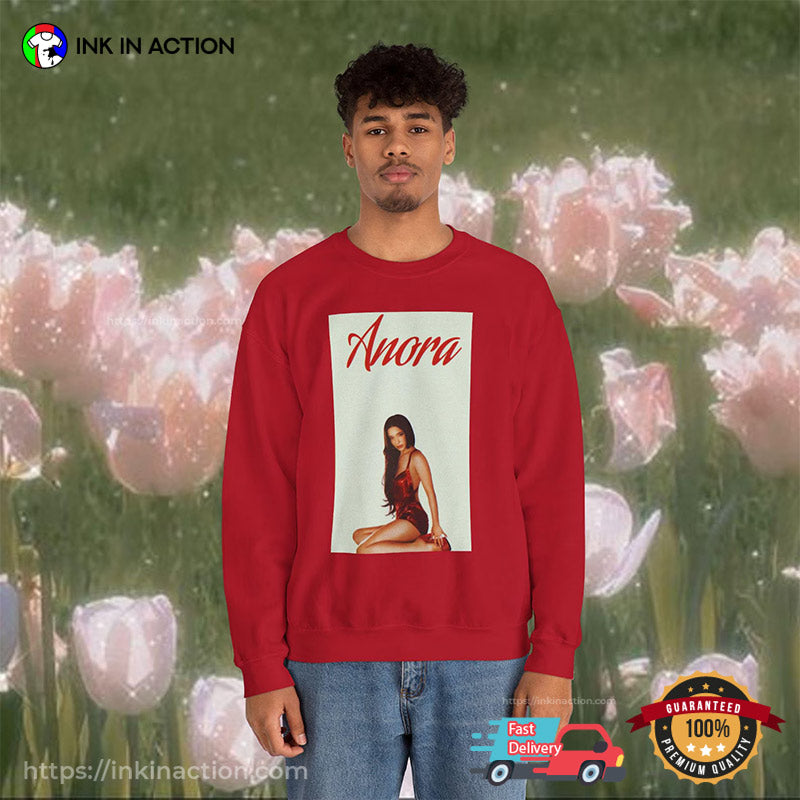 Anora Movie Mikey Madison Slay In Red Satin Slip Dress Shirt