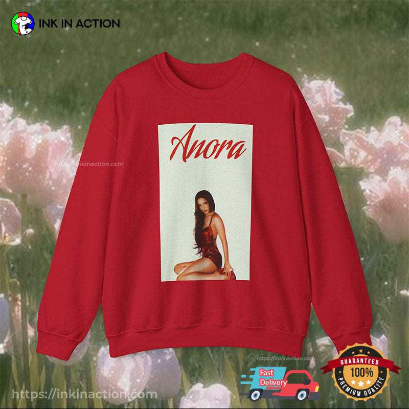 Anora Movie Mikey Madison Slay In Red Satin Slip Dress Shirt