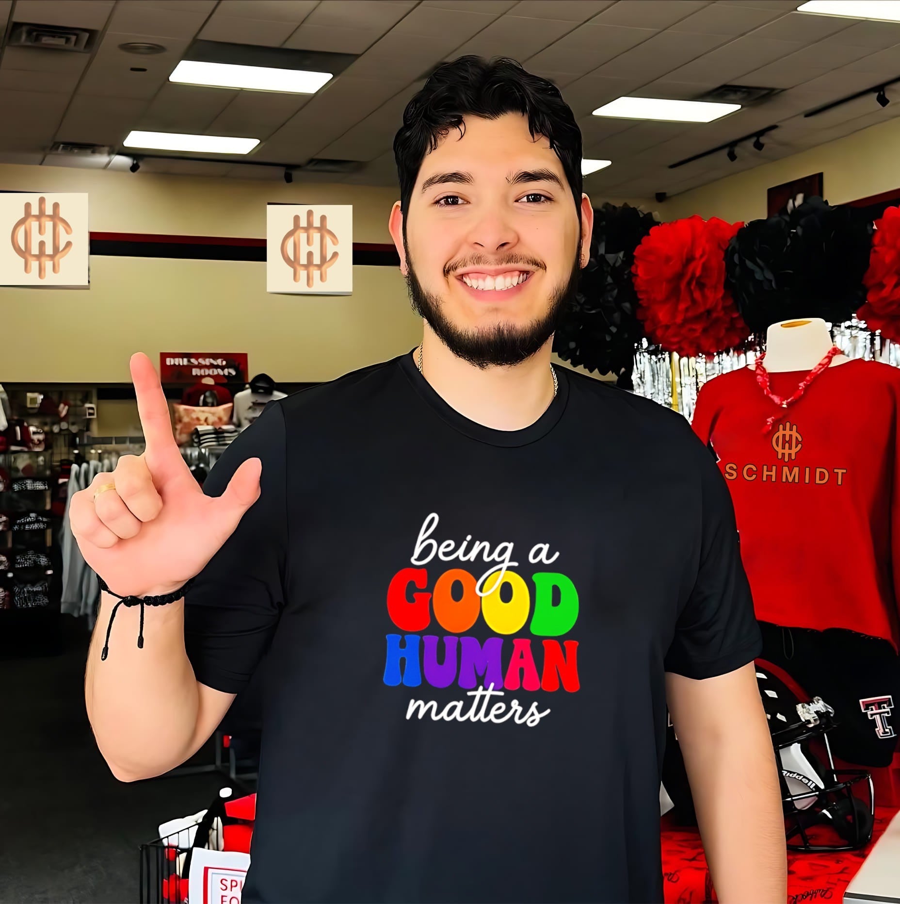 Being a good human matters rainbow text shirt