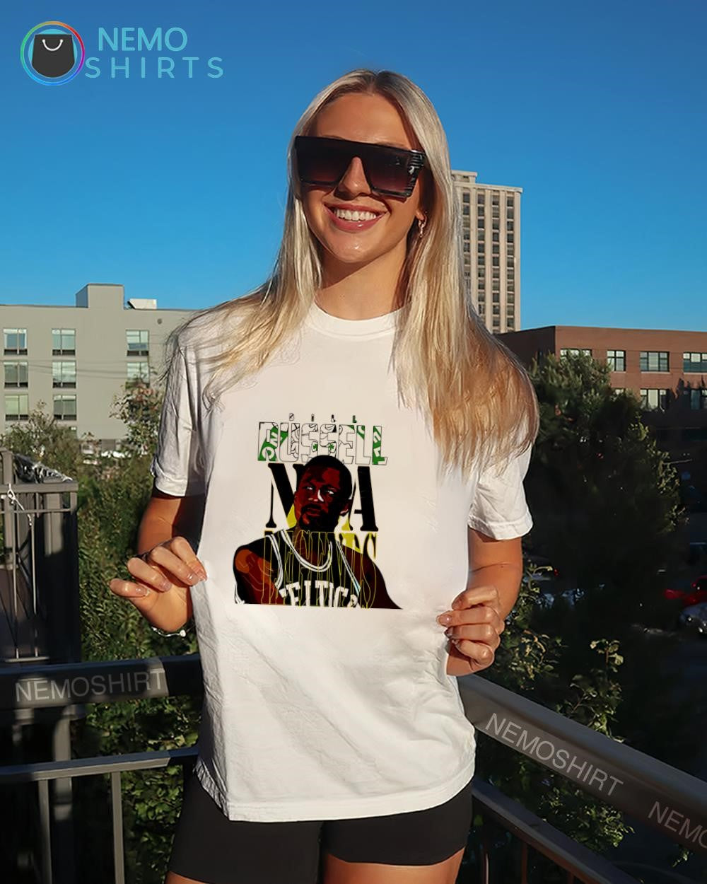 Bill Russell Boston Celtics center NBA Legends skyhook shot shirt