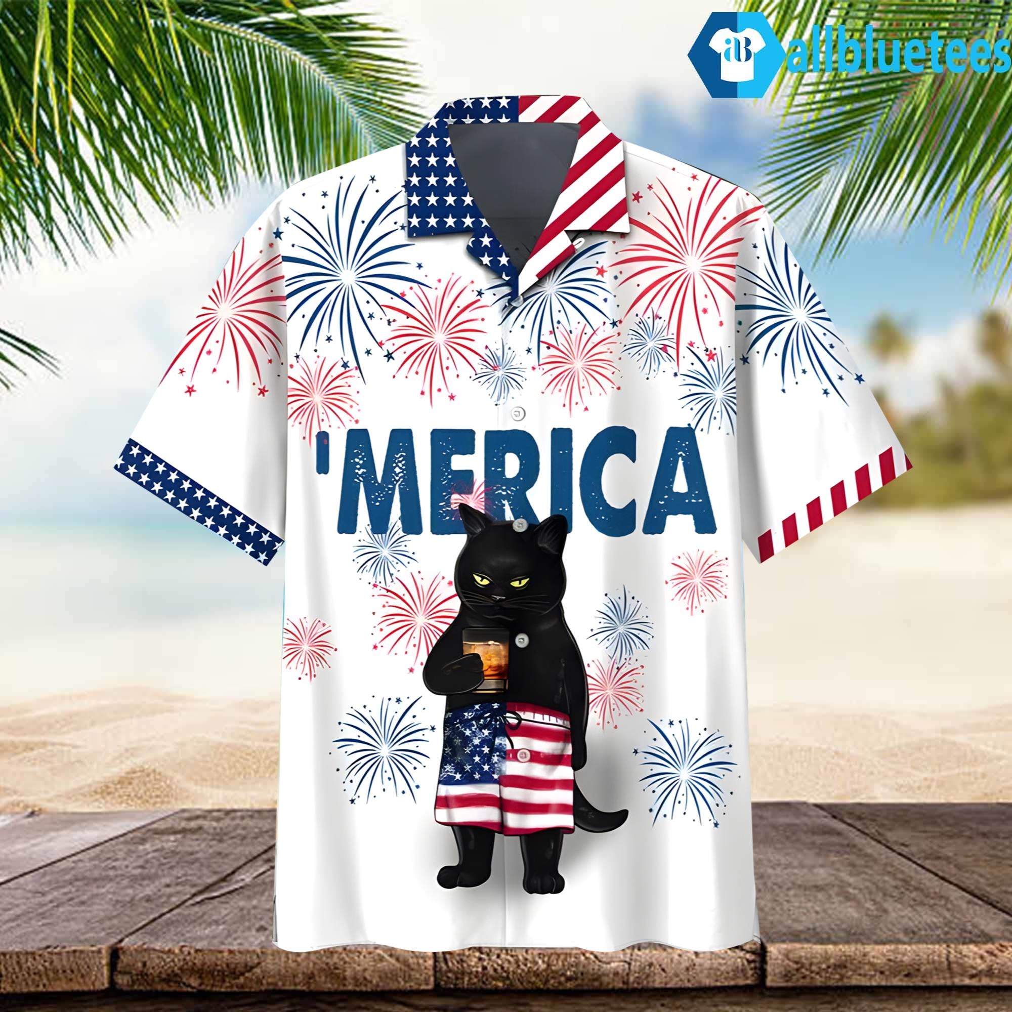 Black Cat Independence Day ‘Merica Hawaiian Shirt