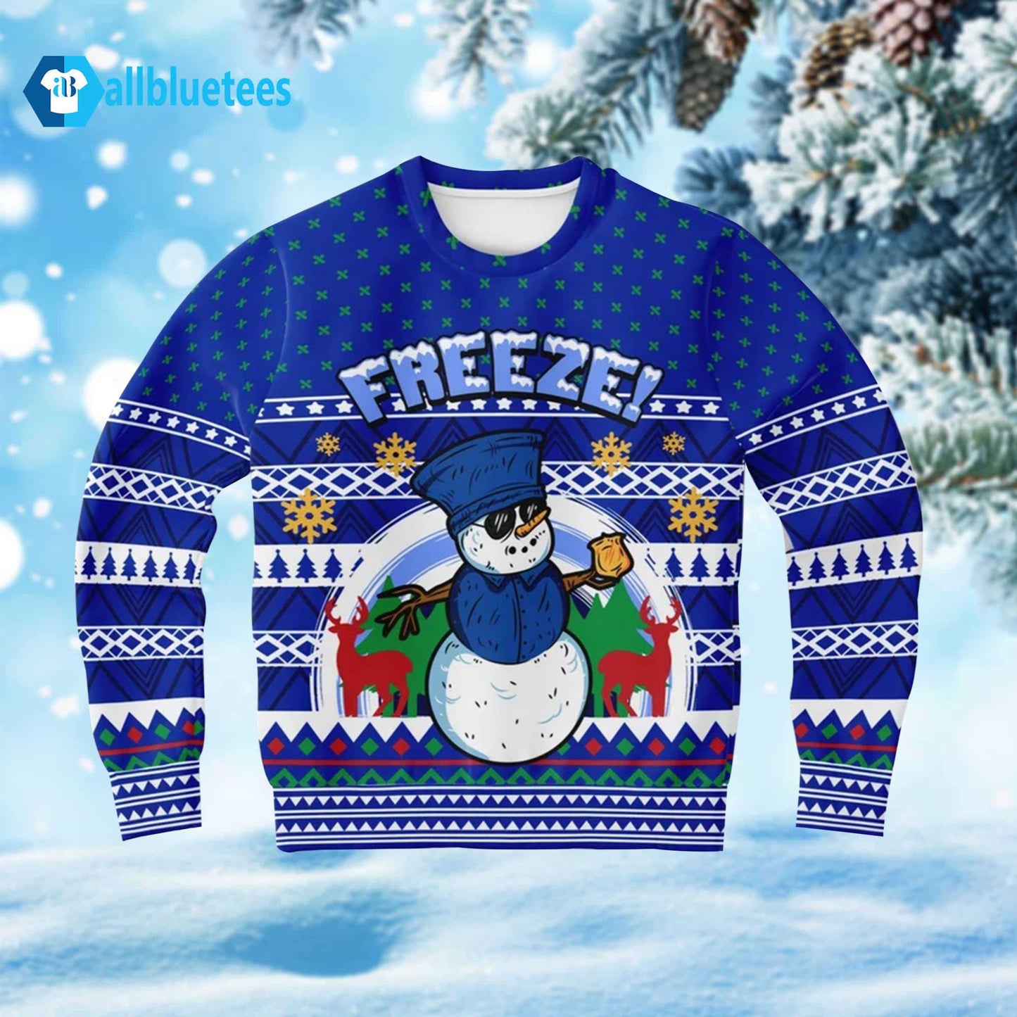 Blue Police Freeze Snow Funny Tacky Winter Ugly Christmas Sweater