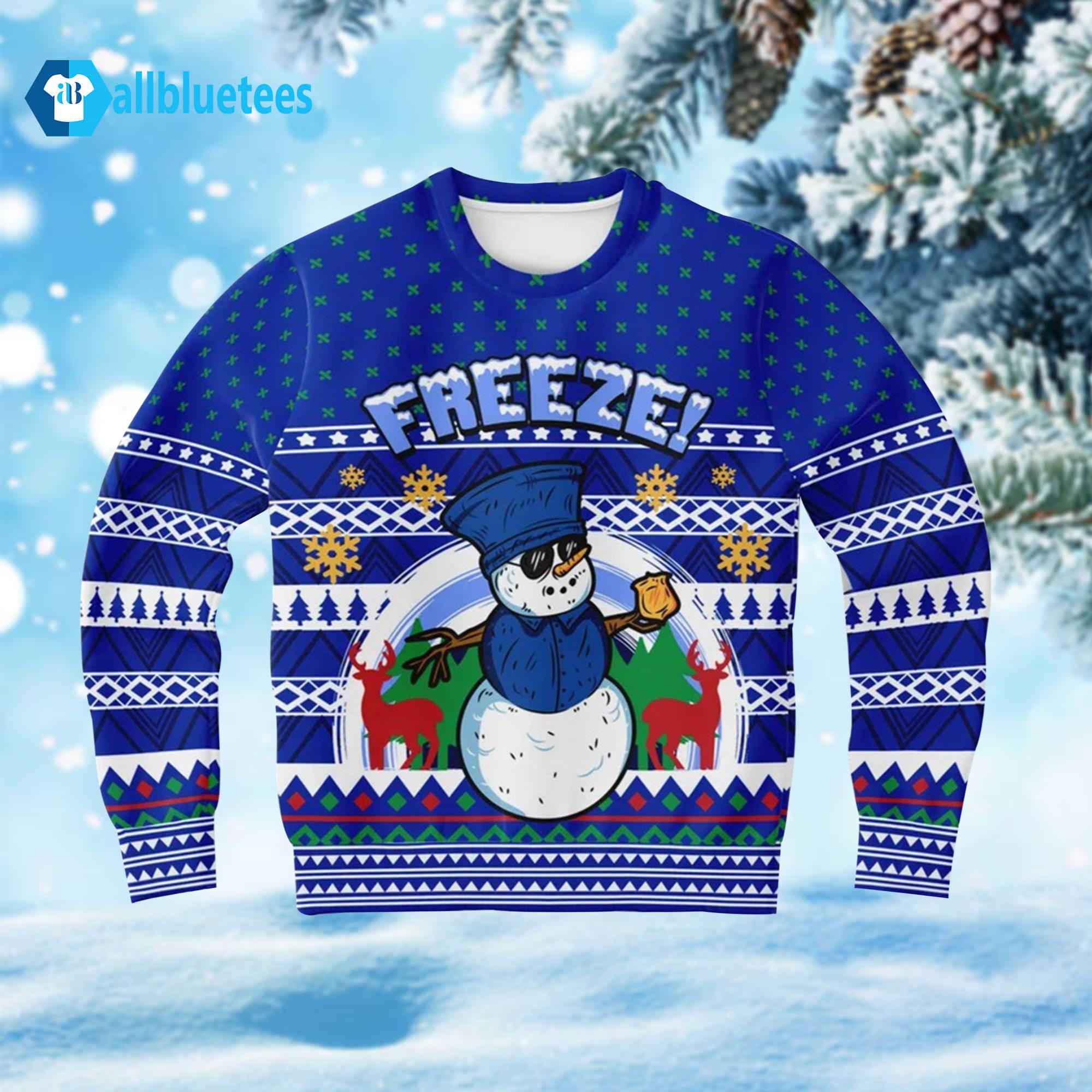 Blue Police Freeze Snow Funny Tacky Winter Ugly Christmas Sweater