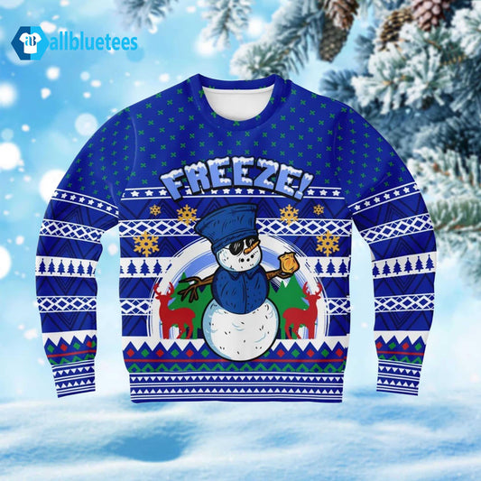 Blue Police Freeze Snow Funny Tacky Winter Ugly Christmas Sweater