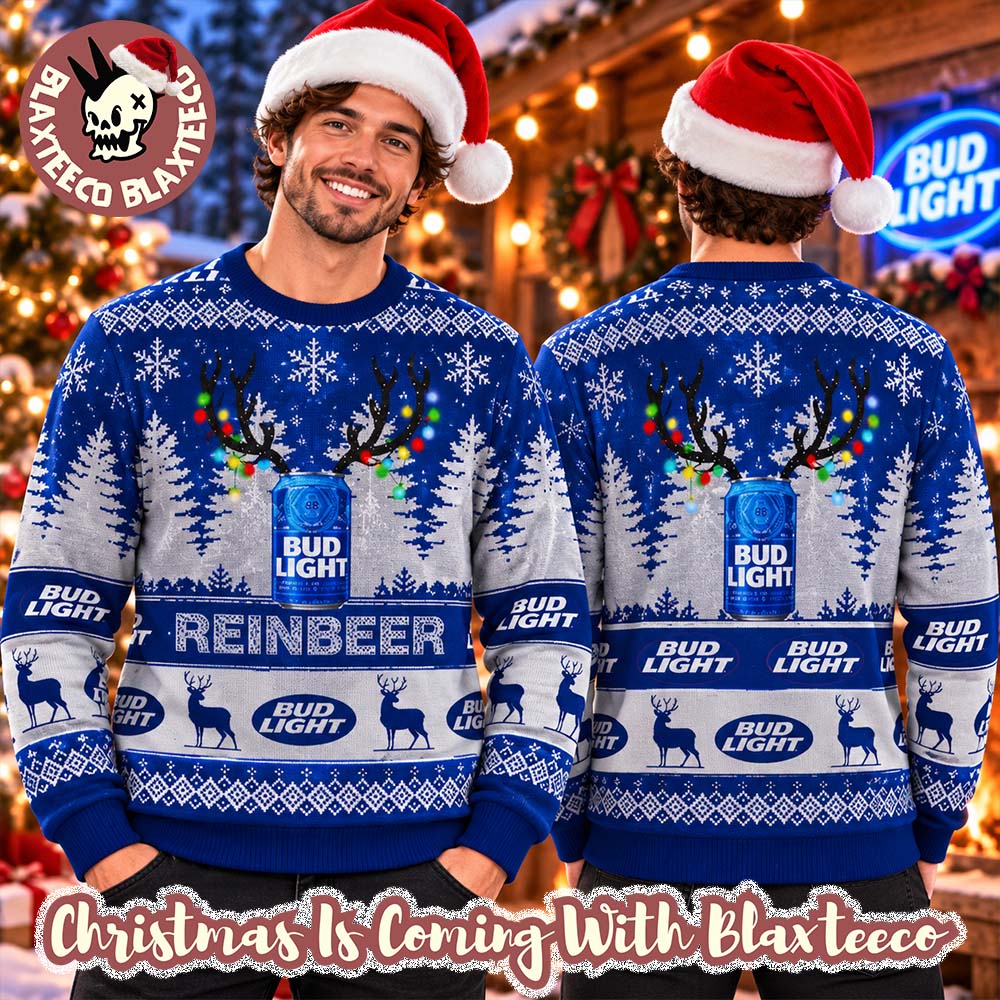 Bud Light Reinbeer Platinum Funny Blue Christmas Ugly Sweater