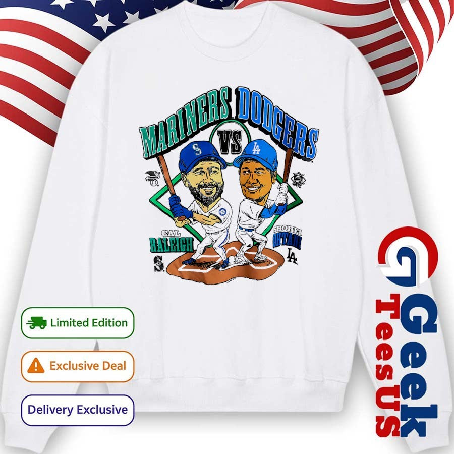 Cal Raleigh Mariners vs Shohei Ohtani Dodgers baseball caricature shirt
