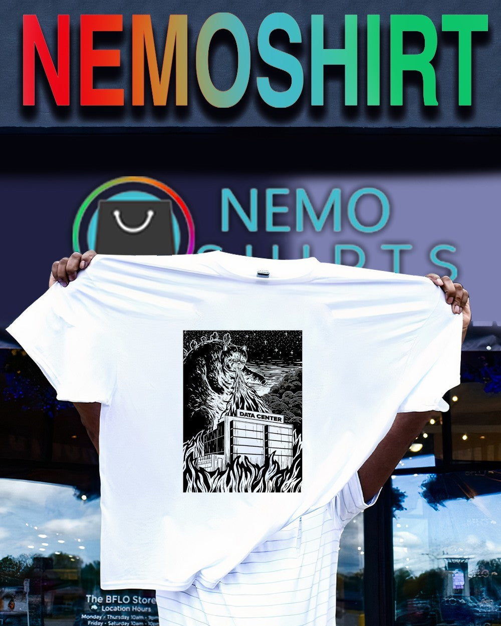 Catzilla destroying Data center graphic shirt