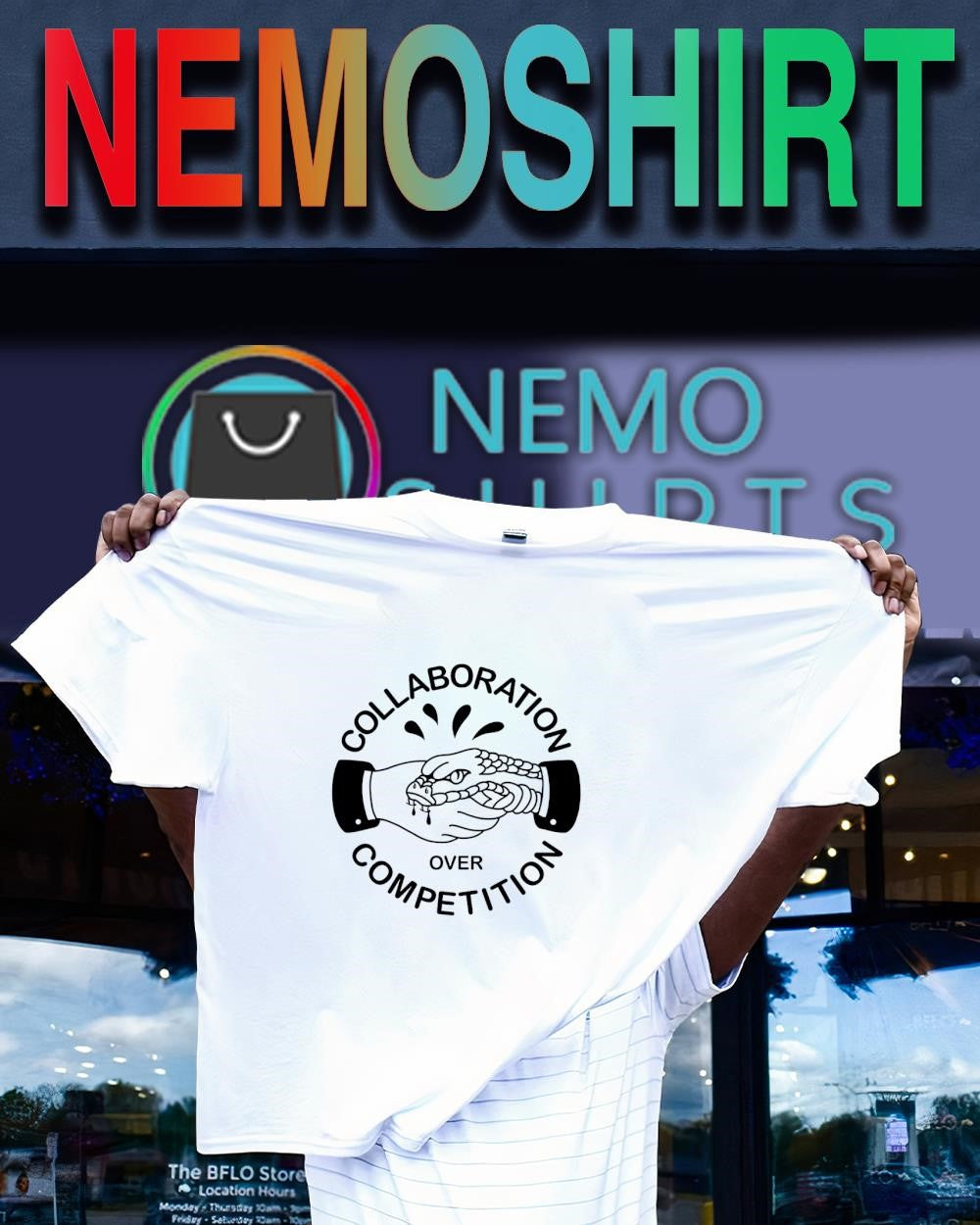 Collaboration Over Competition handshake with snake shirt