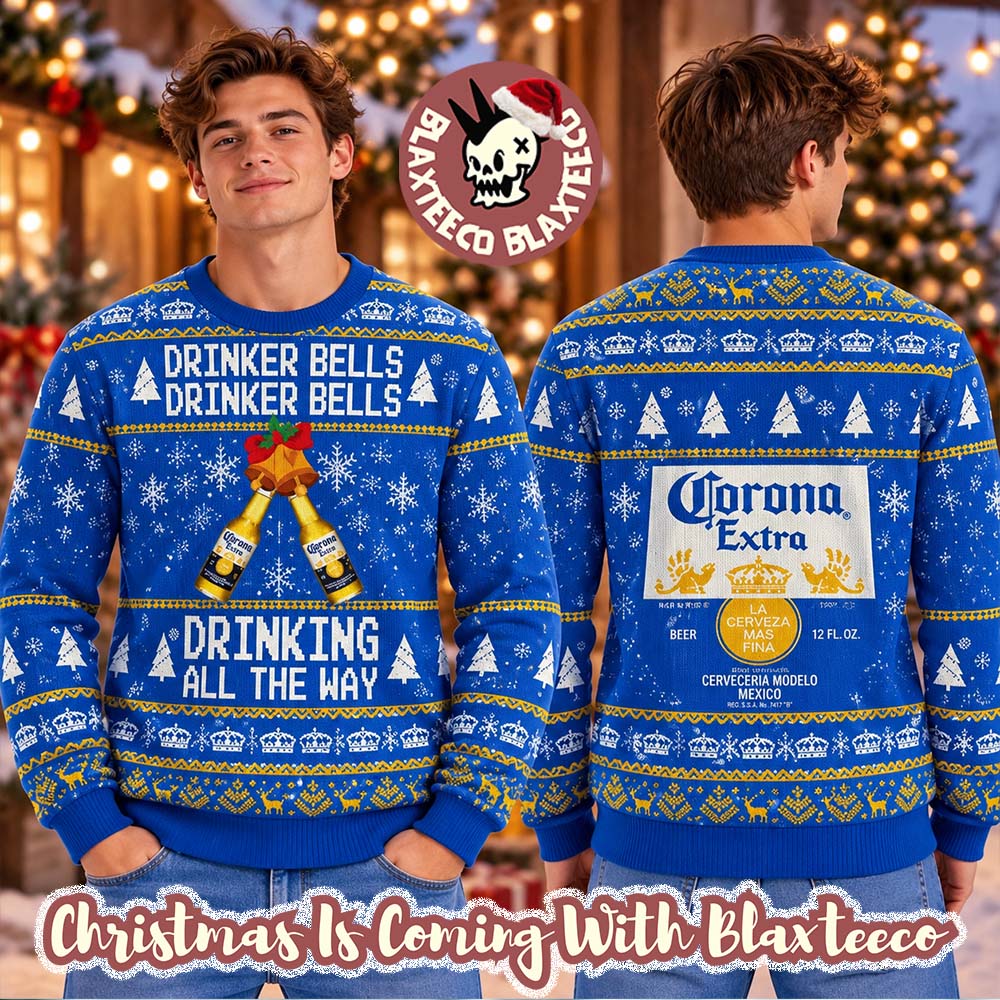 Corona Beer Cheers Drinker Bells Drinking All The Way Funny Christmas Ugly Sweater