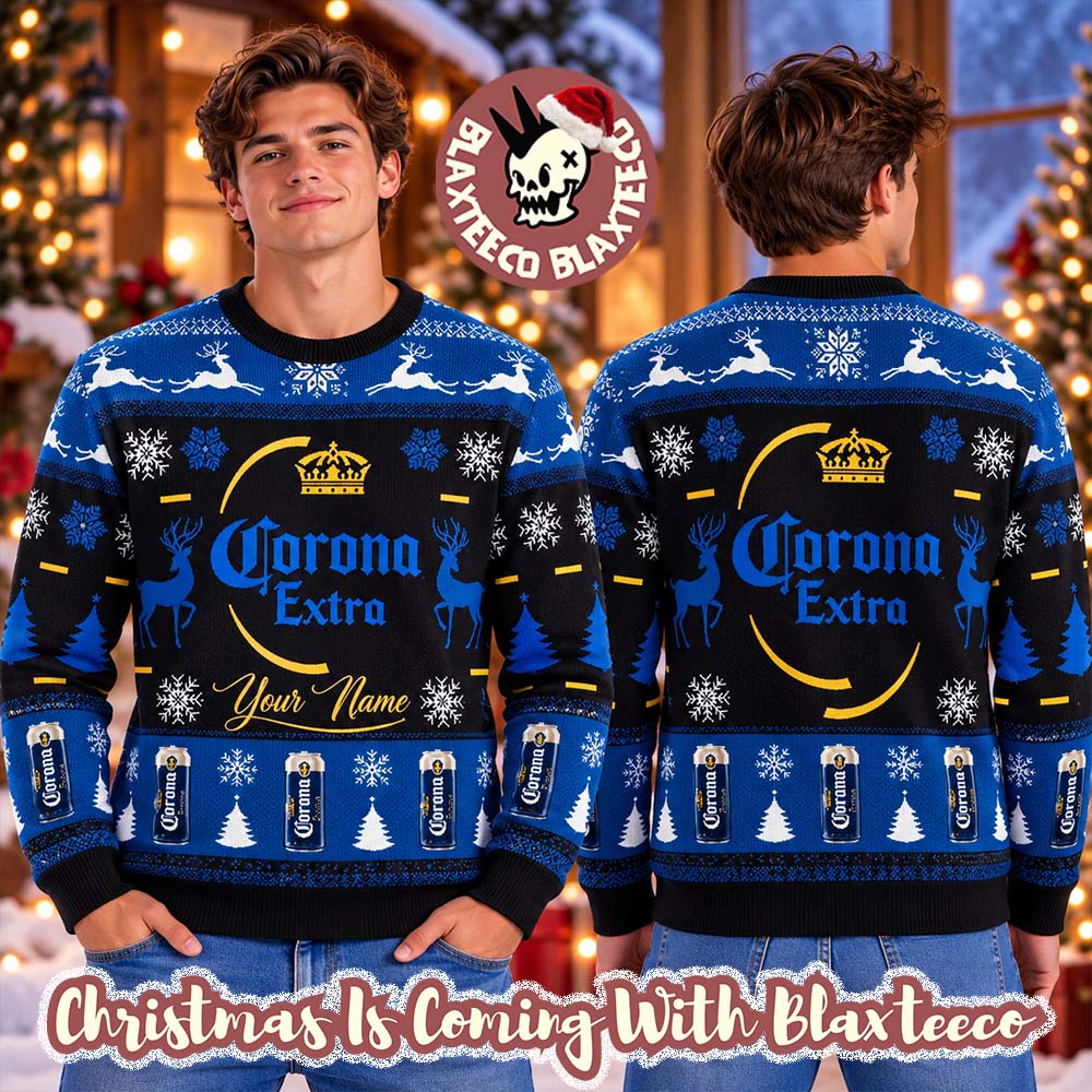 Corona Extra Beer Logo Personalized Black And Blue Ugly Christmas Sweater