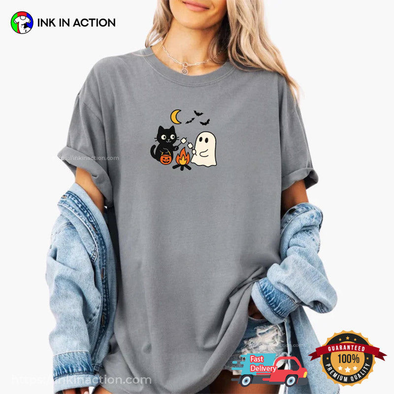 Cute Black Cat And Ghost Camping Comfort Colors T-shirt