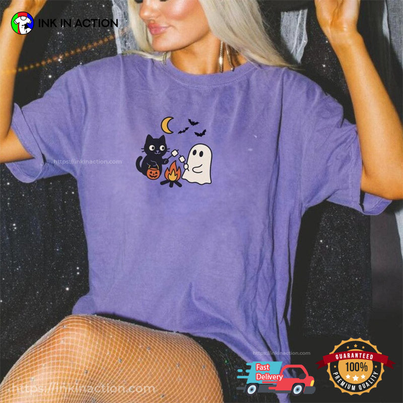 Cute Black Cat And Ghost Camping Comfort Colors T-shirt