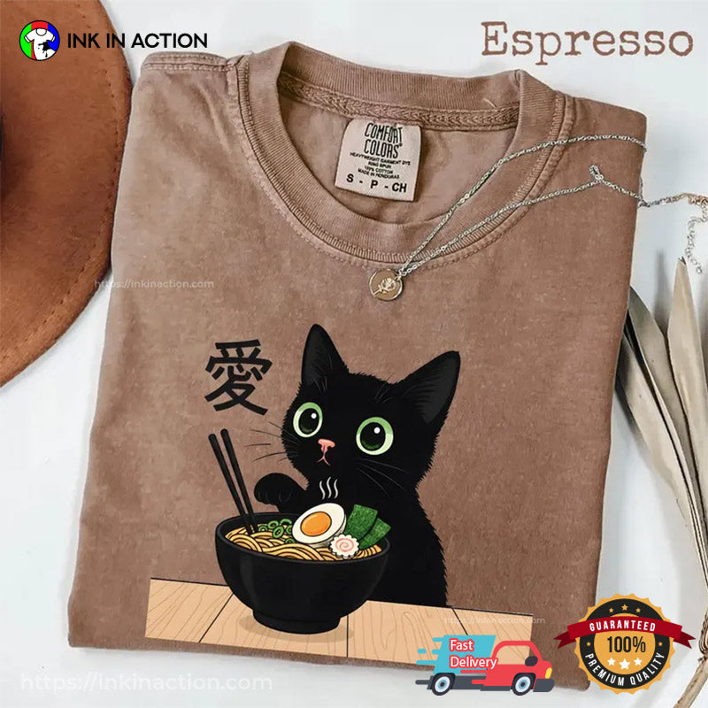 Cute Black Cat Ramen Noodle Japanese Anime Comfort Colors Shirt