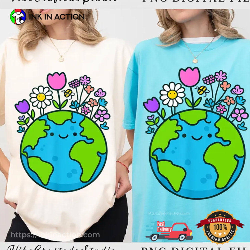 Earth Day 2025 Cute Earth With Floral T-shirt