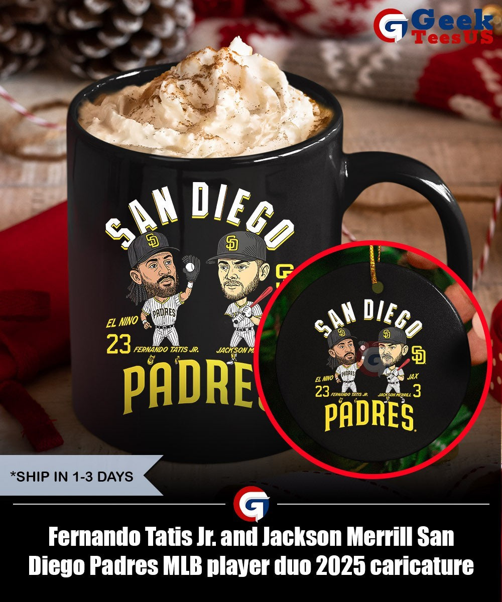 Fernando Tatis Jr. and Jackson Merrill San Diego Padres MLB player duo 2025 caricature shirt