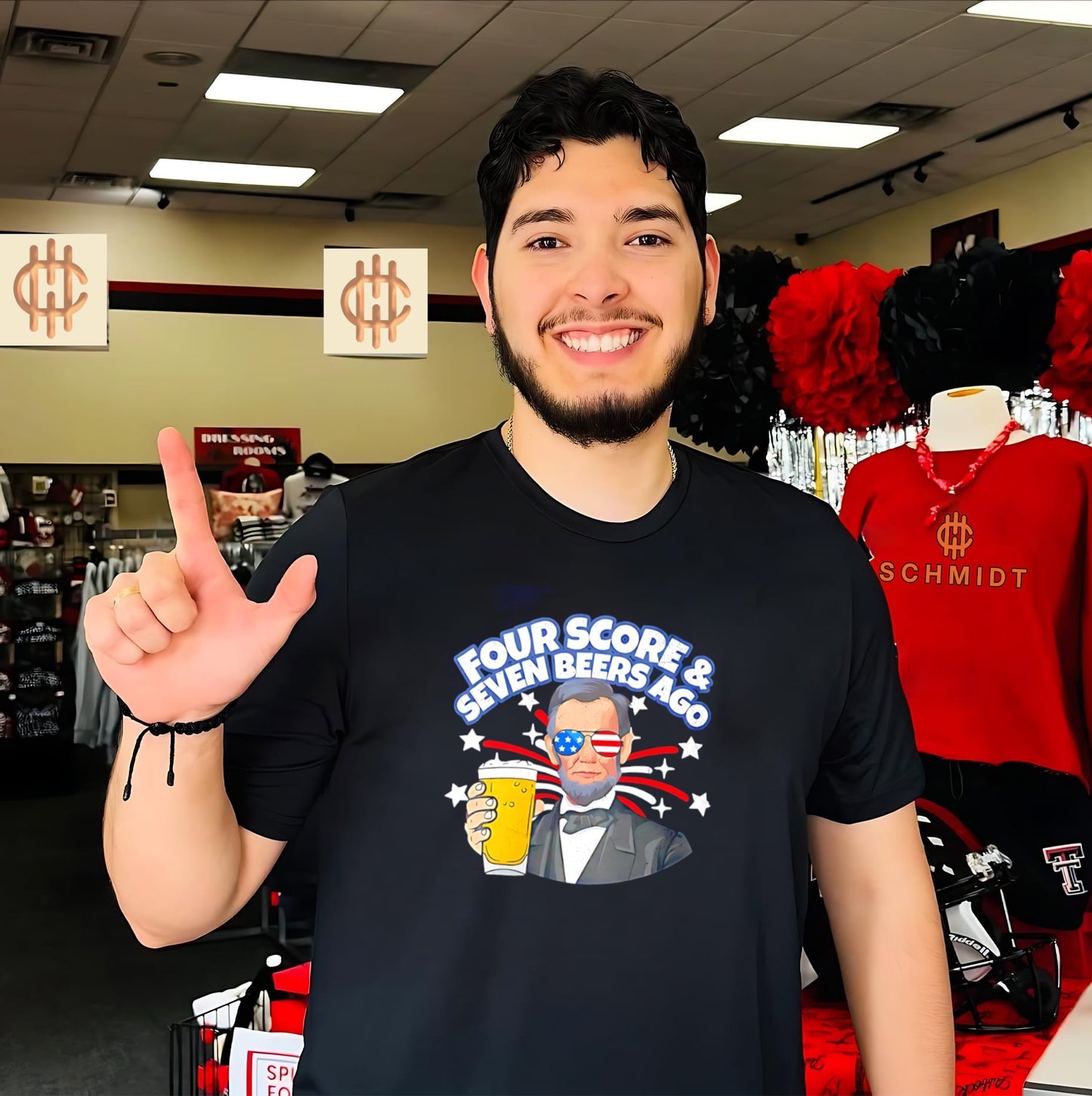 Four score and seven beers ago Abraham Lincoln with American flag sunglasses shirt